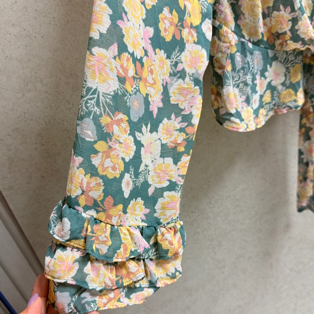 Free People Womens Teal Floral Ruffle Tie Front Cottagecore Boho Feminine Blouse - Picture 7 of 8